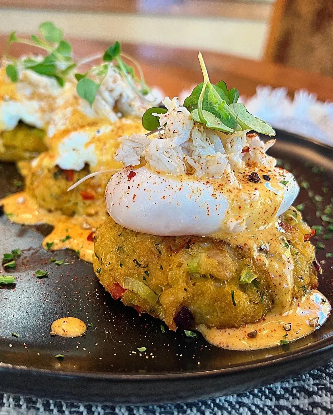 Crab cake dish with poached egg